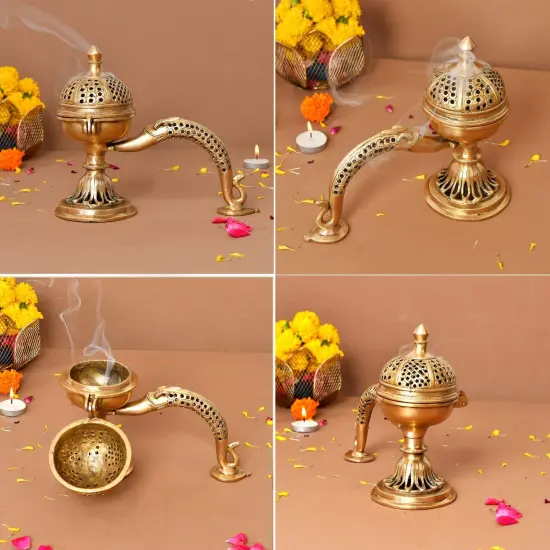 Brass Incense Dhoop Burner Aroma for Prayer Puja Meditation Spiritual Events Dhoopam for Havan Rituals - Diwali Decoration Loban Dhoop Dani for Temple Home Prayer Room (7.8x3.9 Inches) {6}
