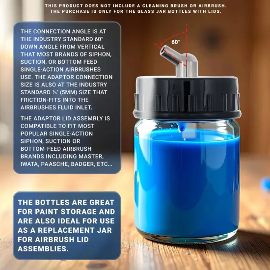 10 Pack Master Airbrush TB-003, 3/4 oz Glass Jar Bottles with 60 degree Down Angle Adaptor Lid Assembly, Single-Action Siphon {3}