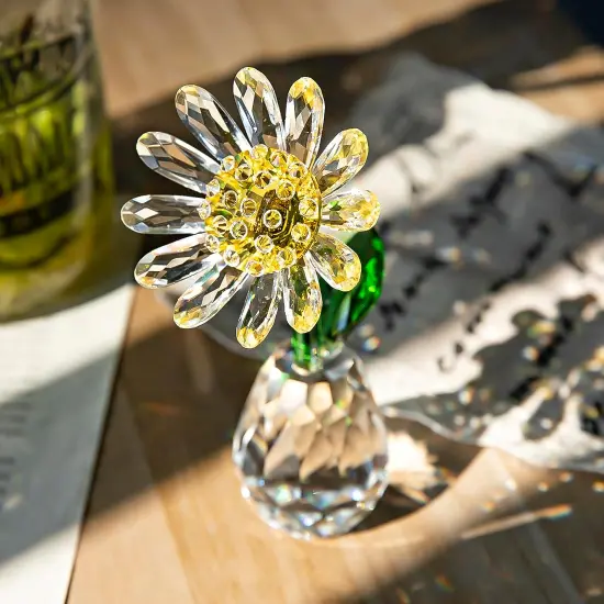 Summer Crystal Daisy Flower Figurine Ornament Paperweight Glass Flower Home Office Tabletop Decor Souvenir Gifts for Birthday Christmas {4}