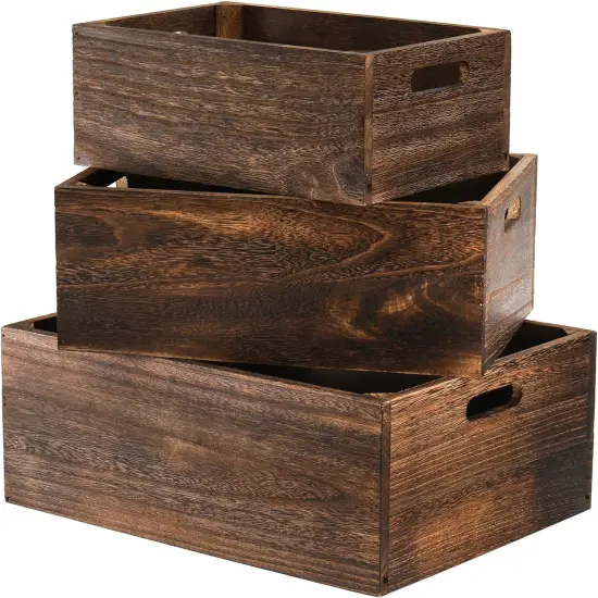 Set of 3 Wood Nesting Storage Crates with Handles, Decorative Farmhouse Wooden Crates Storage Containers Rustic Handmade Natural Solid Wood Basket {1}