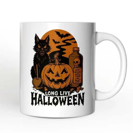 Long Live Halloween Mug, Retro Black Cat Pumpkin Gift {1}