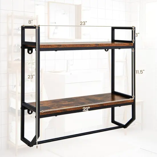Rustic Brown Wall Mounted Bathroom Shelf with Towel Bar Modern 2 Tier Over Toilet Storage Rack {2}