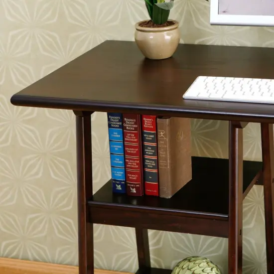 Espresso Wood Laptop Desk with A-Frame Legs and 2 Shelves for Home Office {3}