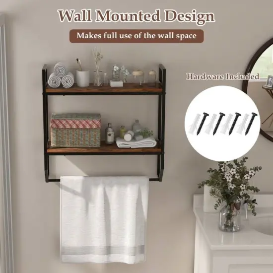 Rustic Brown Wall Mounted Bathroom Shelf with Towel Bar Modern 2 Tier Over Toilet Storage Rack {3}