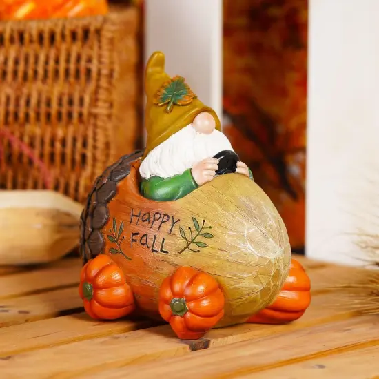 Fall Gnome Pumpkin Resin Statue Figurine - Pine Cone & Gnome {3}
