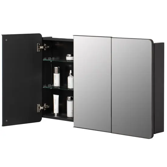 Basicwise 3-Door Aluminum Bathroom Medicine Cabinet, Round Corner Framed Door - Versatile Recessed Medicine Cabinet or Surface Mount, Mirrored Door Cabinet with Adjustable Glass Shelves, Matte Black {1}