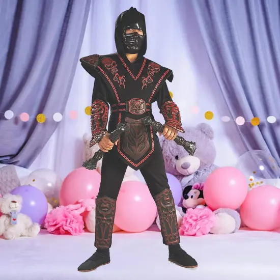 Boys Red Skull Ninja Warrior Costume with Armor Chest and Molded Mask {1}