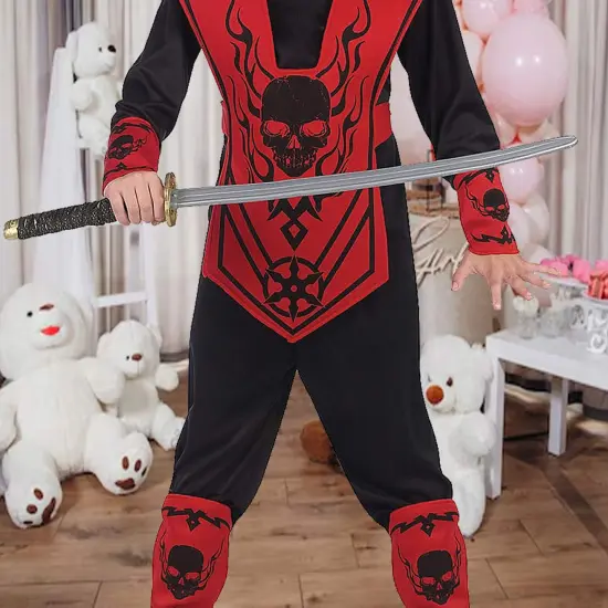 Red Black Ninja Costume for Kids with Skull Mask and Warrior Accessories {4}