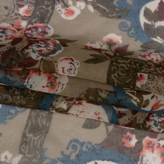 1 Yard Olive Blue Pink Flowers Frames Silk Chiffon 45 inch Width {3}