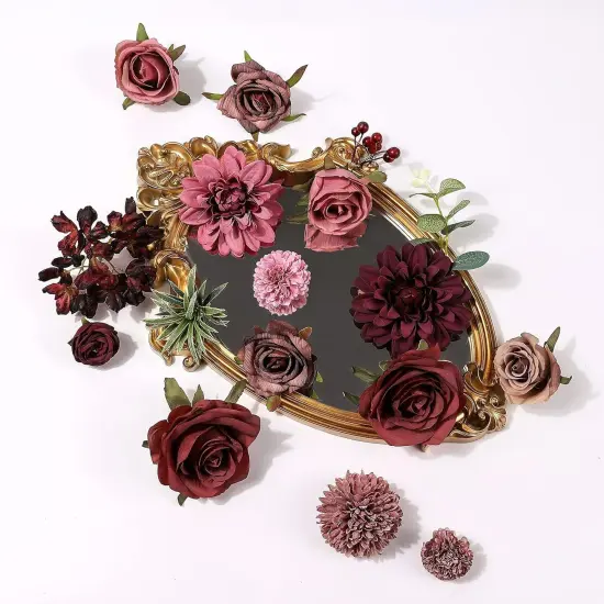 25pcs Silk Fake Flowers Roses for DIY Wedding Bouquets Burgundy Centerpieces {5}