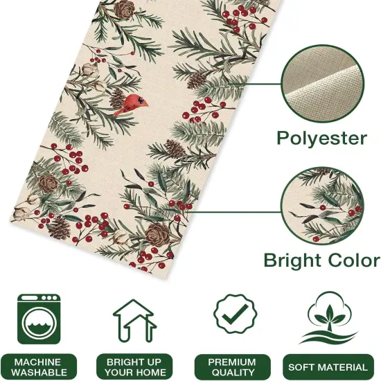 Winter Pine Needle Branches Table Runner, Pine Cone Cardinal Red Birds Berry Farmhouse Kitchen Dining Table Decor, Christmas Holiday Home Decoration Indoor Outdoor Party Supply 13 x 72 Inches {3}