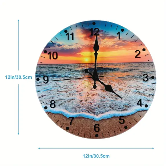 12-Inch Beach-Themed Blue Glass Wall Clock &ndash; Frameless Silent Battery Operated, Tempered Glass Design with Analog Display (1x AA Battery Required) {2}