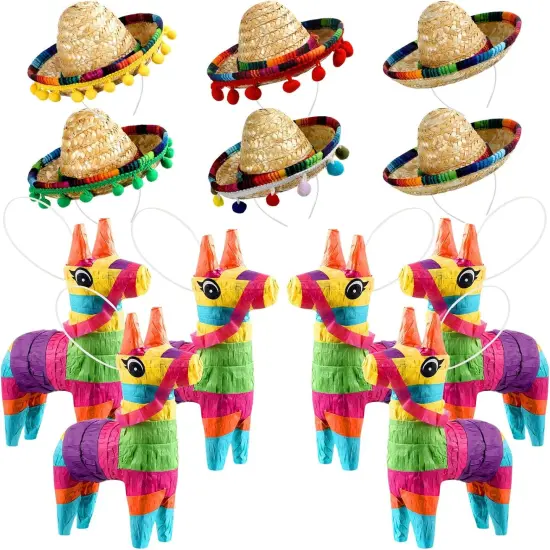 6 Pieces Mini Rainbow Donkey Pi&ntilde;ata 4 x 7 Inch and 6 Pieces Sombrero Hat headbands for Cinco De Mayo Mexican Decorations Carnivals Festivals Taco Tuesday Event Fiesta Supplies(Classic Style) {1}