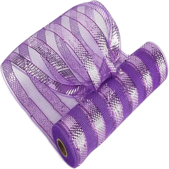 Purple Mesh Ribbon 10 Inch Deluxe Wide Foil Metallic Striped Deco Mesh Decorative Mesh Halloween Mesh Ribbon {1}