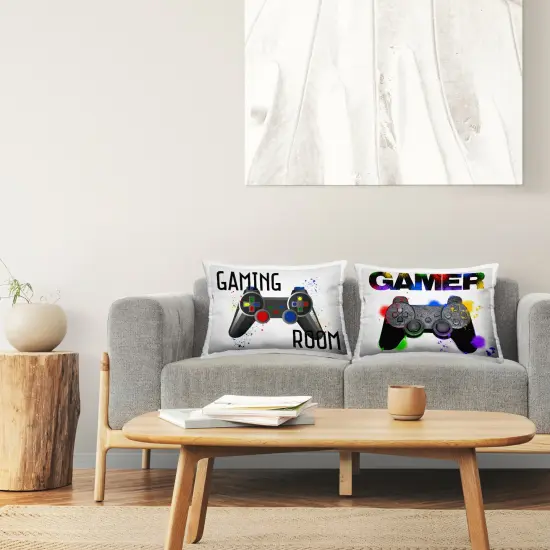 Stupell Industries Modern Gamer Graffiti Phrases 2pc Decorative Printed Pillow Set design by Kim Allen, 14 x 7 x 20 {3}