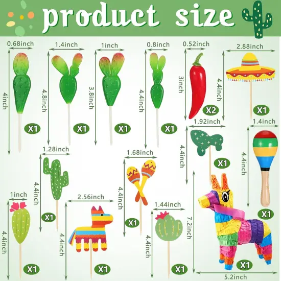 15 Pcs Fiesta Cupcake Topper Mexican Theme Cake Decoration Cactus Pi&ntilde;ata Taco Party Decorations with Wooden Sand Hammer and Foam Chili Decorations for Mexican Fiesta Party Baby Shower(Cute Style) {2}