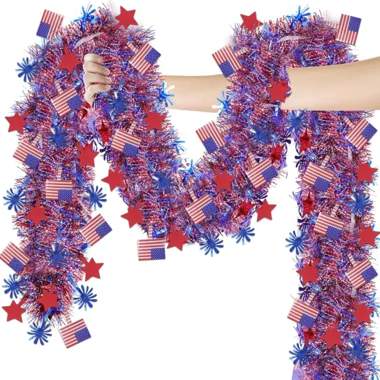 4th of July Decorations,33FT 4th of July Tinsel Garland with Star Firework American Flag, Patriotic Red White Blue Metallic Twist Garland for Home Tree Mantle Indoor Outdoor Parade Independence Day {1}