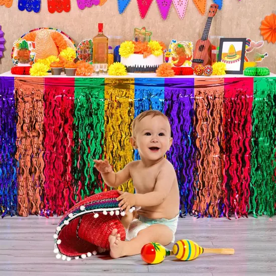 Cinco de Mayo Decorations, 2 Pack Fiesta Party Wavy Metallic Tinsel Foil Fringe Table Skirts, Perfect Mexican Themed Decors for Mexican Taco Dia De Los Muertos Birthday Party Table Bar Decor {3}