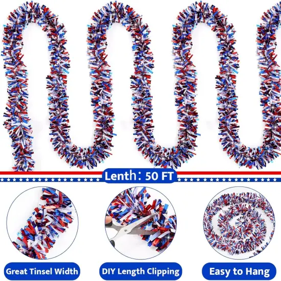 50FT Red White and Blue Tinsel Garlands for 4th of July Decorations {2}