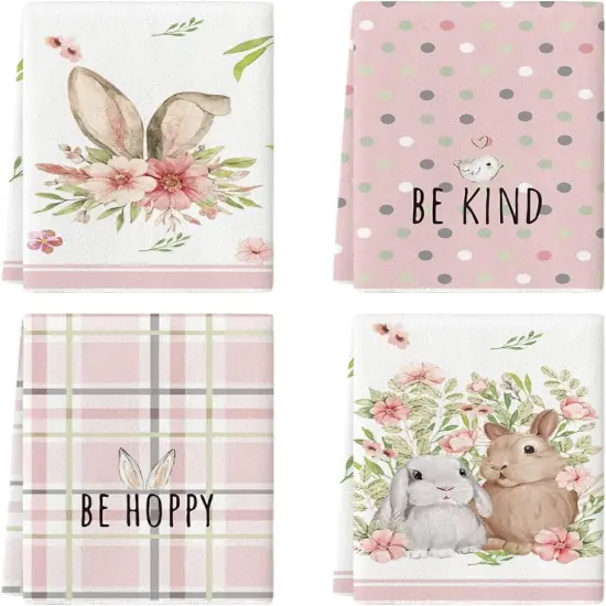 Pink Bunny Rabbit Ears Floral Leaves Easter Kitchen Towels Dish Towels, 18x26 Inch Be Kind Seasonal Decoration Hand Towels Set of 4 {1}