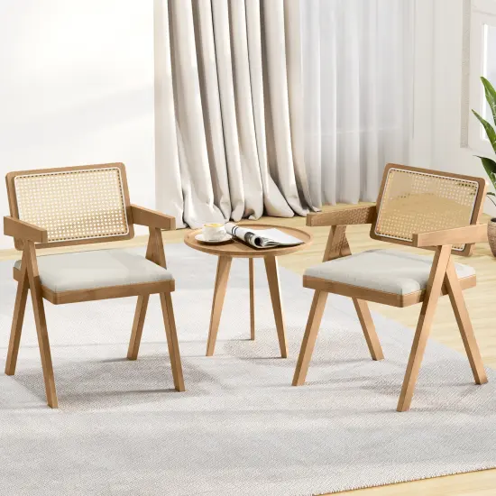 Set of 2 Rattan Accent Chairs with Padded Cushion & Rubber Wood Frame for Living Room Beige {2}