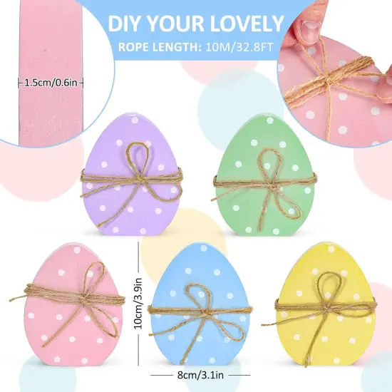 5Pcs Easter Egg Wooden Table Decor Polka Dots Egg Table Centerpieces Cute Spring Easter Standing Egg Wood Signs Easter Tiered Tray Tabletop Decoration with Rope for Home Party Decor {2}