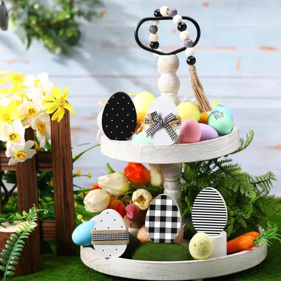 6 Pcs Easter Bunny Eggs Wooden Signs with Wood Bead String Black and White Easter Tiered Tray Decor Set Rustic Wood Table Sign Spring Tabletop Decorations for Home Farmhouse Decor (Egg Style) {2}