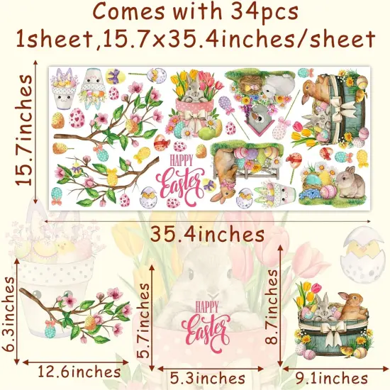 Happy Easter Wall Stickers Bunny Rabbit Wall Decals Peel and Stick Wall Art Decal Easter Egg Wall Decal Spring Flower Tree Branch Window Clings for Kids Room Nursery Living Room Kitchen Decor Gifts {4}