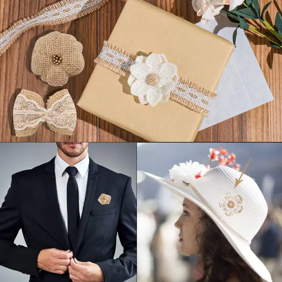 GUIFIER 30 PCS Burlap Flower Set,with 24 Handmade Burlap Flowers and Burlap Bow, 5 Burlap Lace Ribbon Rolls,1 Twine Glue Point Burlap Jute Ribbon for Wedding Party Decor Home Embellishment DIY Crafts {5}