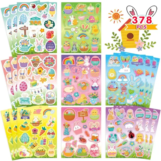 378 PCS Easter Stickers for Kids, Spring Stickers Assorted Easter Egg Bunny Stickers Easter Basket Stuffers, Easter Gifts, Teacher School Classroom Party Favors Supplies for Kids {1}