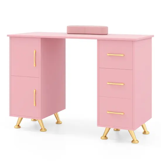 Wooden Manicure Table Nail Desk with Drawers Wrist Rest Pink {3}