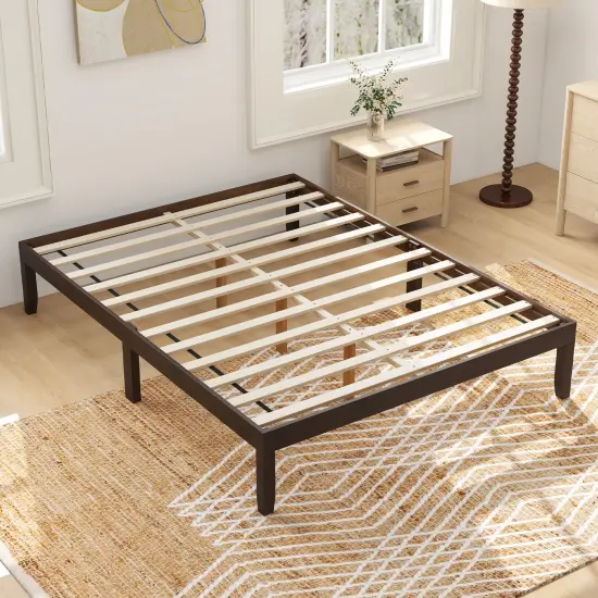 Queen Size Platform Bed Frame with Slats Support and Rubber Wood Legs Espresso {6}