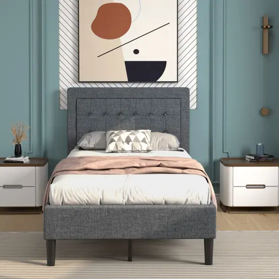 Twin Size Upholstered Bed Frame with Button Tufted Headboard {4}