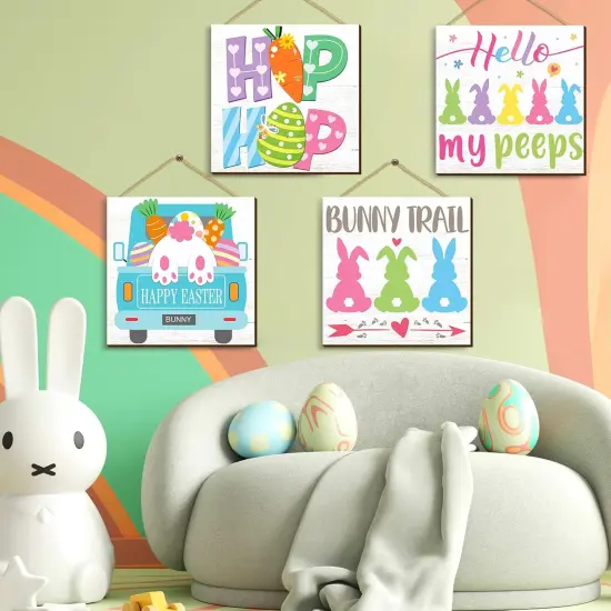 4 Pcs Happy Easter Door Sign Wooden Bunny Rabbit Easter Wreaths Welcome Door Sign Wall Hanging Plaque Farmhouse Easter Decorations Wall Pediments Wreath for Home Front Porch Door Decor {5}