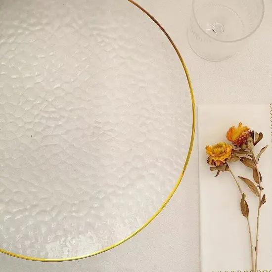 6 Clear 13 in Round Hammered Plastic CHARGER PLATES Gold Trim Party Decorations {2}
