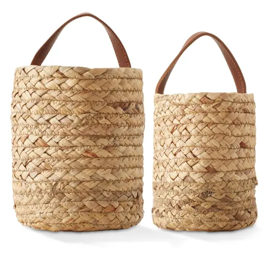 Casafield Set of 2 Water Hyacinth Wall Hanging Baskets with Handles (Small and Large) - Natural, Woven Boho Plant and Flower Storage Pots {5}