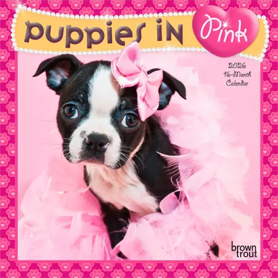 Puppies in Pink | 2026 7 x 14 Inch (Hanging) Monthly Mini Wall Calendar {1}