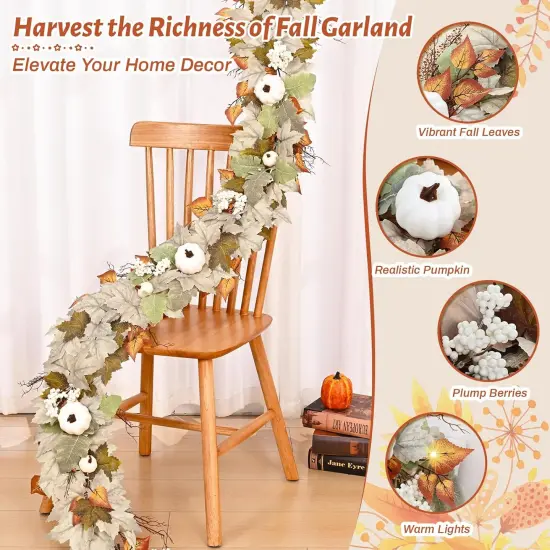 Fall Garland with Lights, White Pumpkins Berries & Maple Leaves - 1PC {3}