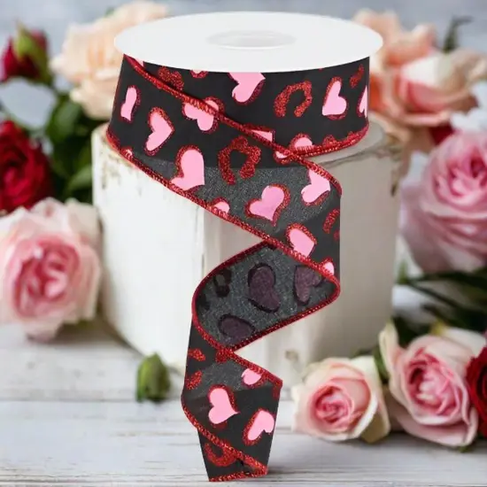 1.5" Heart Leopard Spots Ribbon: Black (10 Yard) {3}