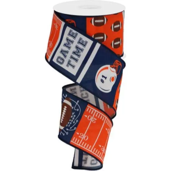 2.5" Football Block Pattern Ribbon: Navy/Orange (10 Yards) {1}