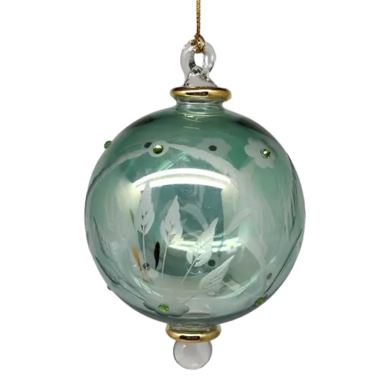 Etched Blown Glass Ball with Crystal Accents - Green {1}