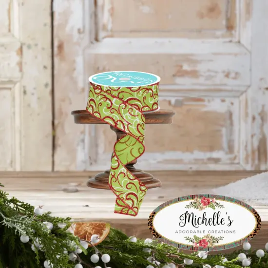 1.5" Multi Swirls Glitter Ribbon: Lime Green/Red (10 Yard) {2}