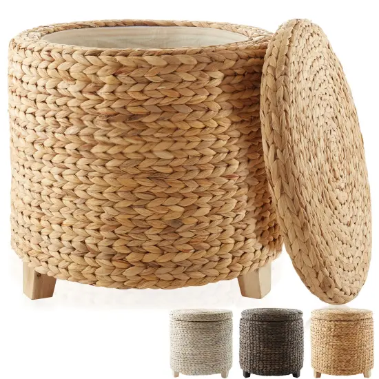 Casafield 17" Round Storage Ottoman with Lid, Handwoven Water Hyacinth Footstool for Living Room, Bedroom, Bathroom, Home Office {7}