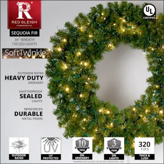 36" Pre-lit Commercial Sequoia Fir LED Christmas Wreath, 150 Warm White SoftTwinkle Lights {5}