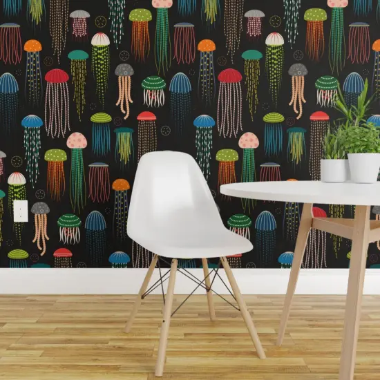 Pre-Pasted Wallpaper 2FT Wide Colorful Jellyfish Sea Creatures Ocean Animals Under The Nautical Beach Custom Pre-pasted Wallpaper by Spoonflower {1}