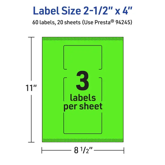 Avery Neon Green Paper Labels, 2.5" x 4" Rectangle {5}