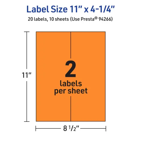 Avery Bright Orange Paper Labels, 11" x 4.25" Rectangle {5}
