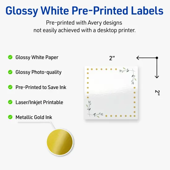 Avery Printable Square Labels, Gold Dots with Green Florals, 2" x 2", Glossy White Square Labels, Permanent, Laser/Inkjet, 120ct, Great for Product Labels {2}