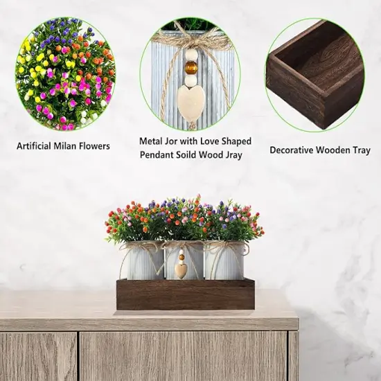 Decorative Centerpiece Wooden Tray with 3 Metal Potted Artificial Milan Flowers Rustic Country Farmhouse D&eacute;cor for Dining Room, Living Room and Kitchen Table {3}