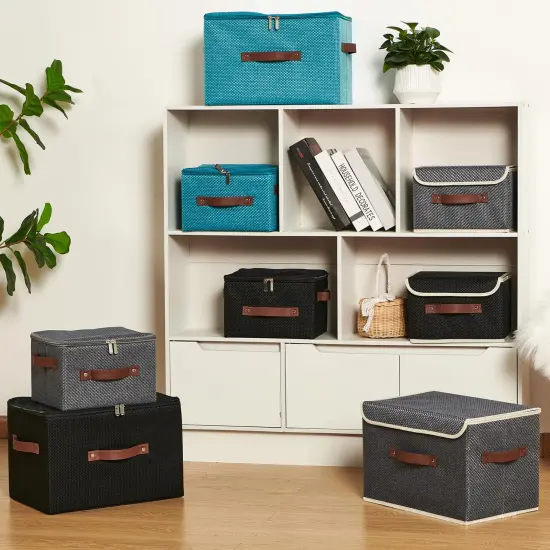 Storage Bins with Lid Fabric Storage Box Basket PU Leather Handle Textured Woven Cotton Linen Decorative Foldable Washable Shelf Closet Organizer Container (Zipper Lid, Gray, Small) {6}